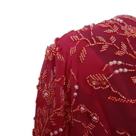 Vintage 70s Jack Bryan Beaded Sheer Silk Tunic Top Cherry Red Evening Holiday - Picture 10 of 15